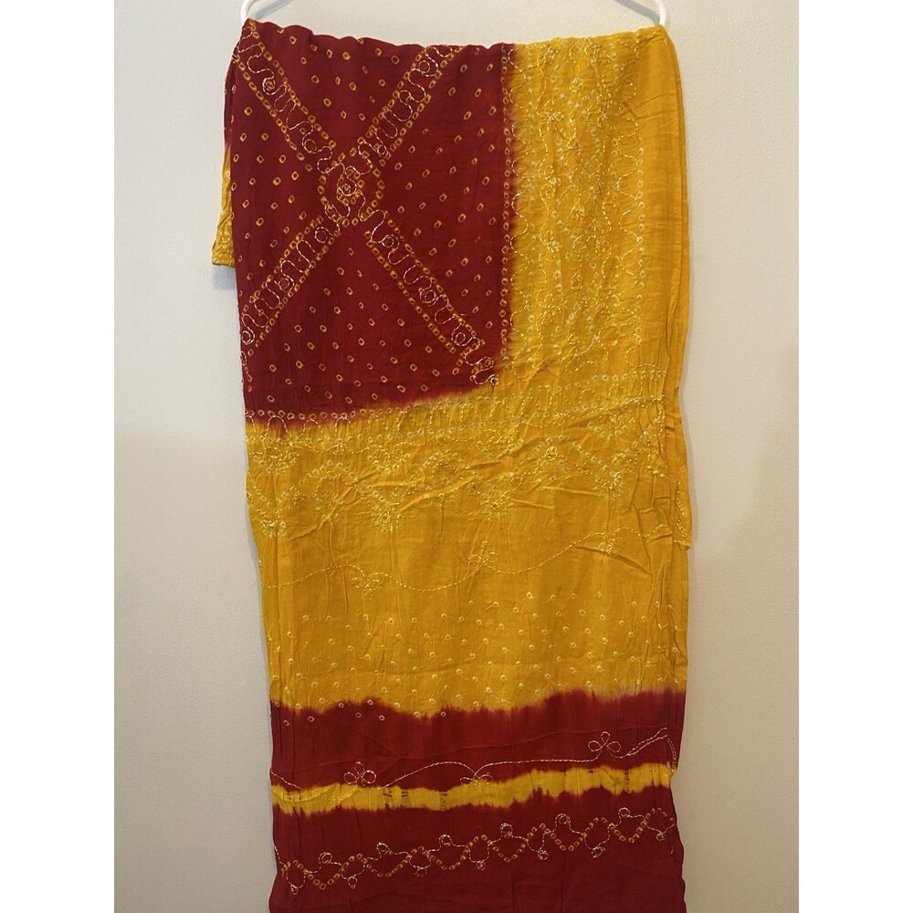 Large Women's Saree Sari yellow  and Red shade  Sequins work.